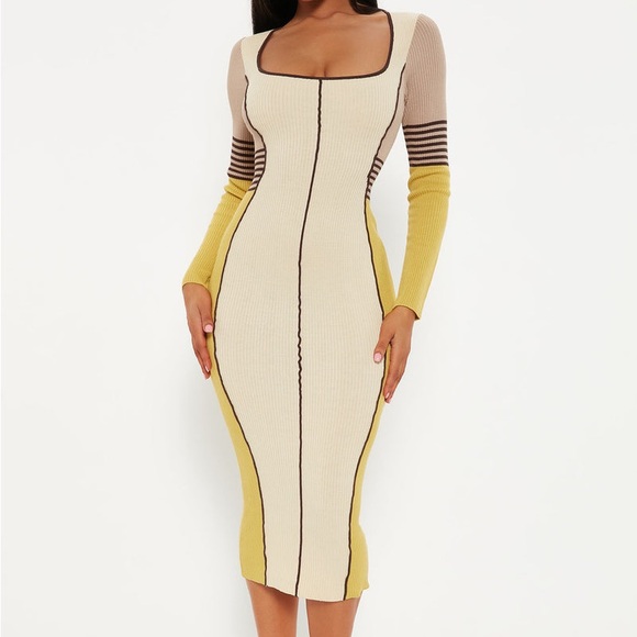 Fashion Nova Zarita Knit Midi Dress Cream/combo - Picture 1 of 4
